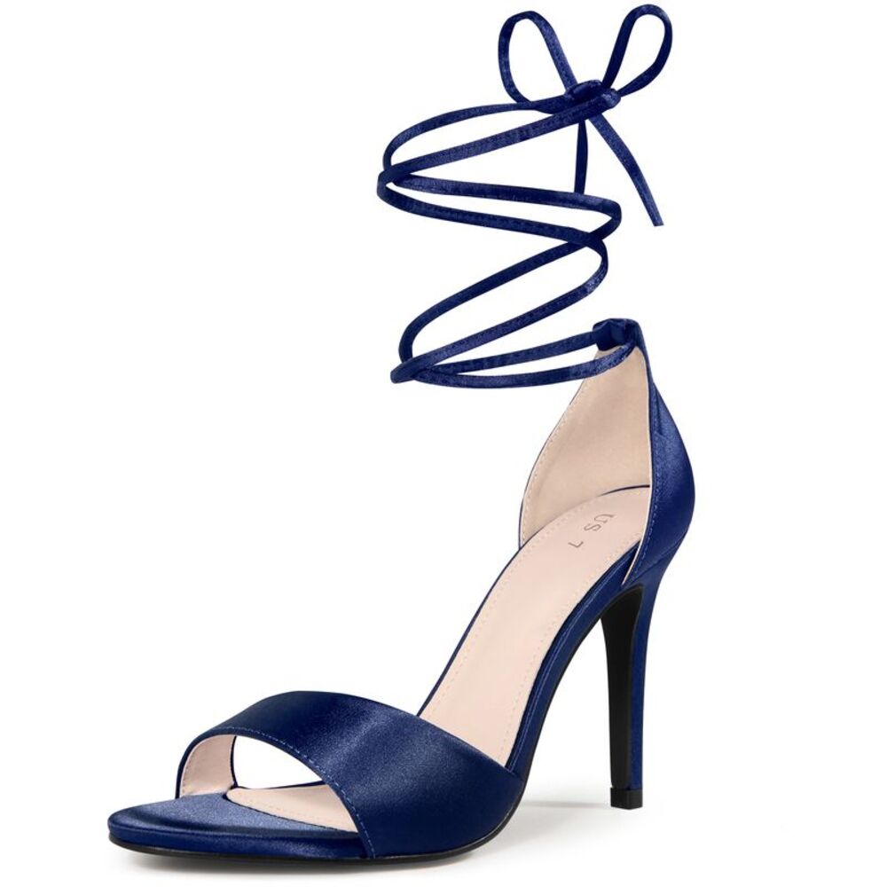 Lace Up Satin Heel Stiletto Heel Sandals Navy Blue